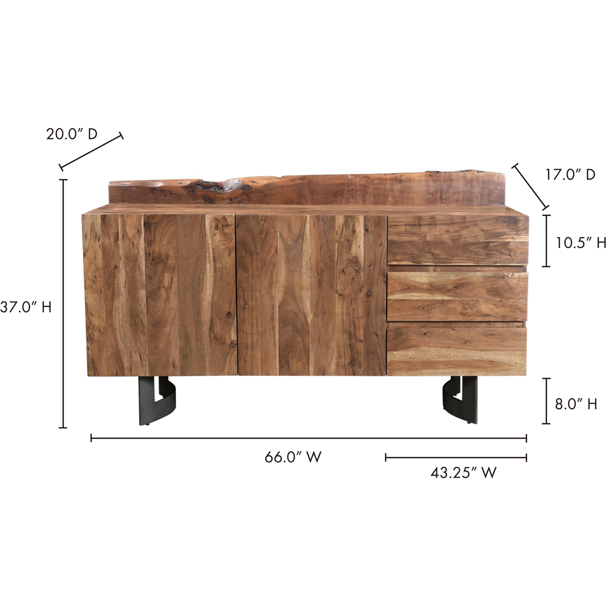 Bent Sideboard Smoked by Moe's Home Collection in brown. Made from solid acacia wood, iron in a modern style.