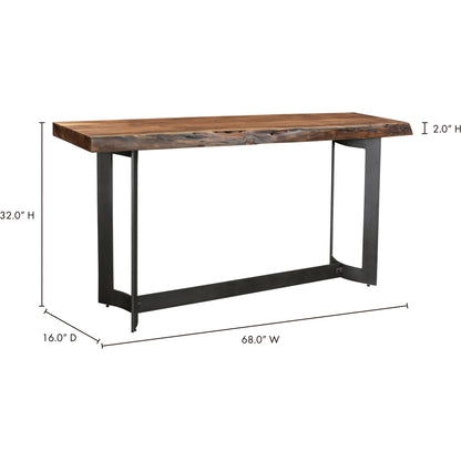 Bent Console Table by Moe's Home Collection in brown. Made from solid acacia, iron base in a modern style.