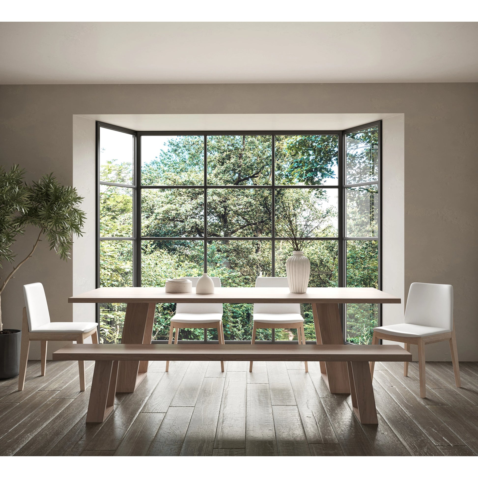 Tanya Bench by Moe's Home Collection in light grey. Made from solid acacia in a modern style.