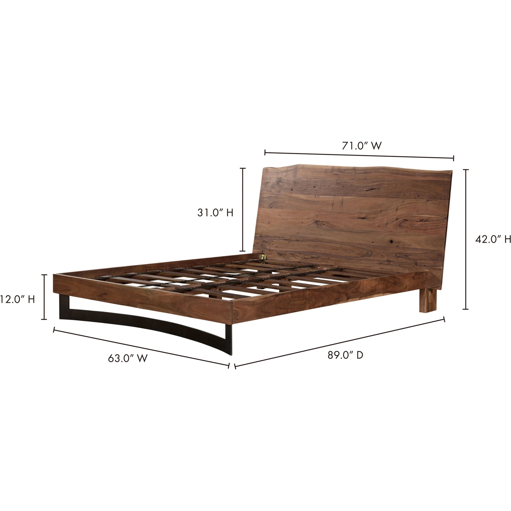Bent Bed by Moe's Home Collection in brown. Made from solid acacia, iron leg, wood slats in a modern style.