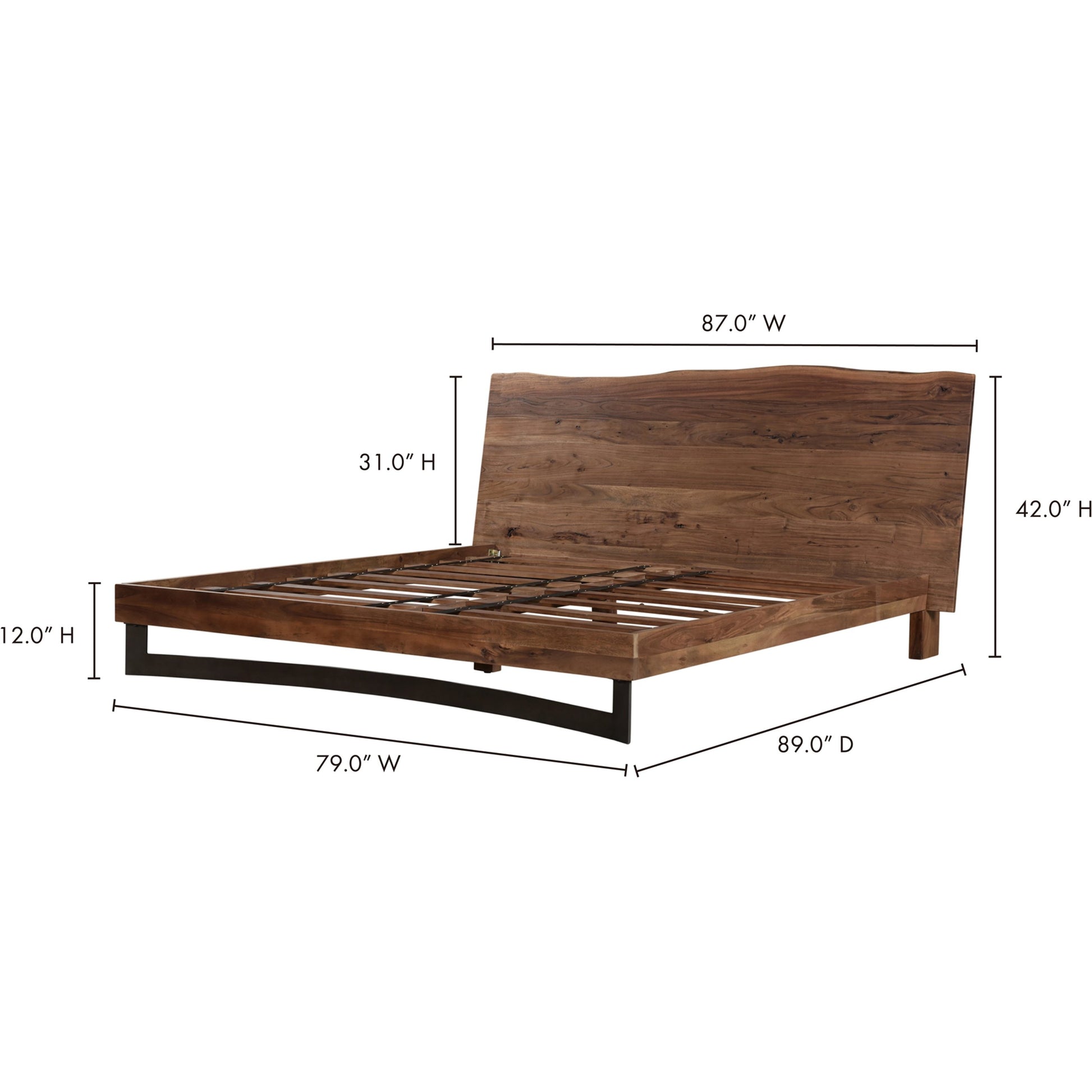 Bent Bed by Moe's Home Collection in brown. Made from solid acacia, iron leg, wood slats in a modern style.