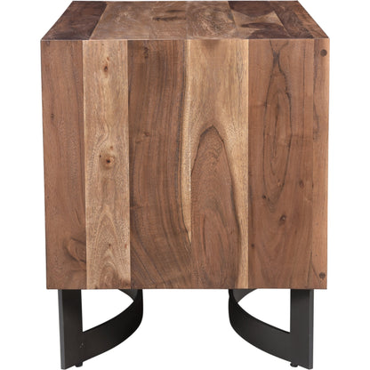 Bent Nightstand by Moe's Home Collection in brown. Made from solid acacia, iron legs, mdf back in a modern style.
