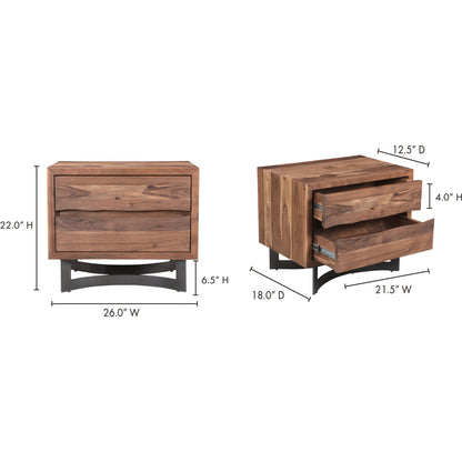 Bent Nightstand by Moe's Home Collection in brown. Made from solid acacia, iron legs, mdf back in a modern style.