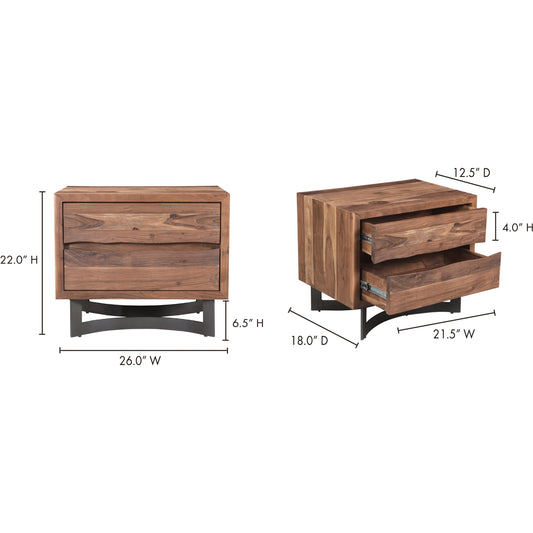 Bent Nightstand by Moe's Home Collection in brown. Made from solid acacia, iron legs, mdf back in a modern style.