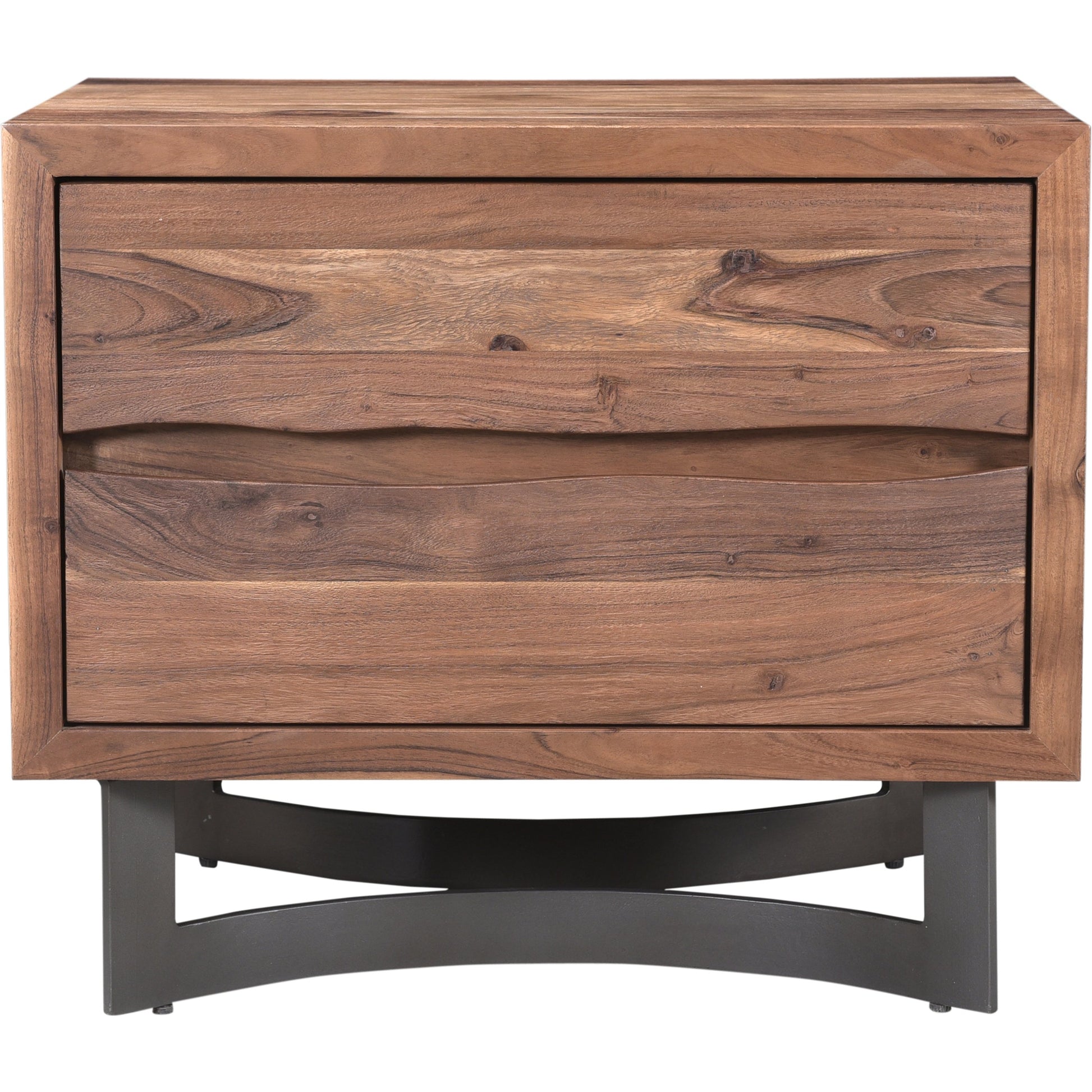 Bent Nightstand by Moe's Home Collection in brown. Made from solid acacia, iron legs, mdf back in a modern style.