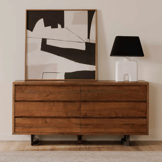 Bent Dresser by Moe's Home Collection in brown. Made from solid acacia, iron legs, mdf back in a modern style.