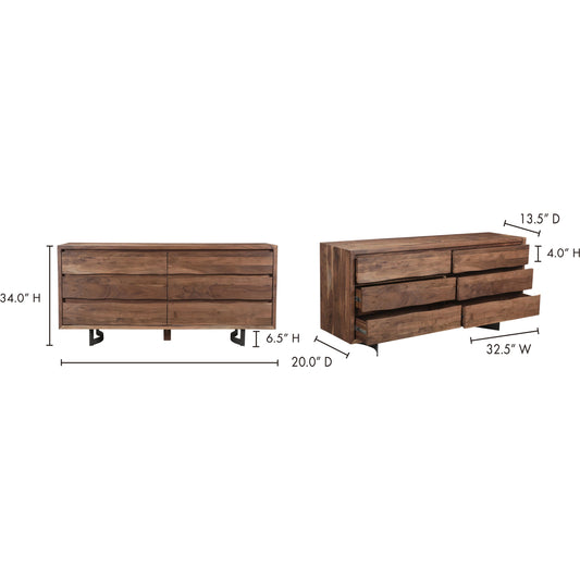 Bent Dresser by Moe's Home Collection in brown. Made from solid acacia, iron legs, mdf back in a modern style.