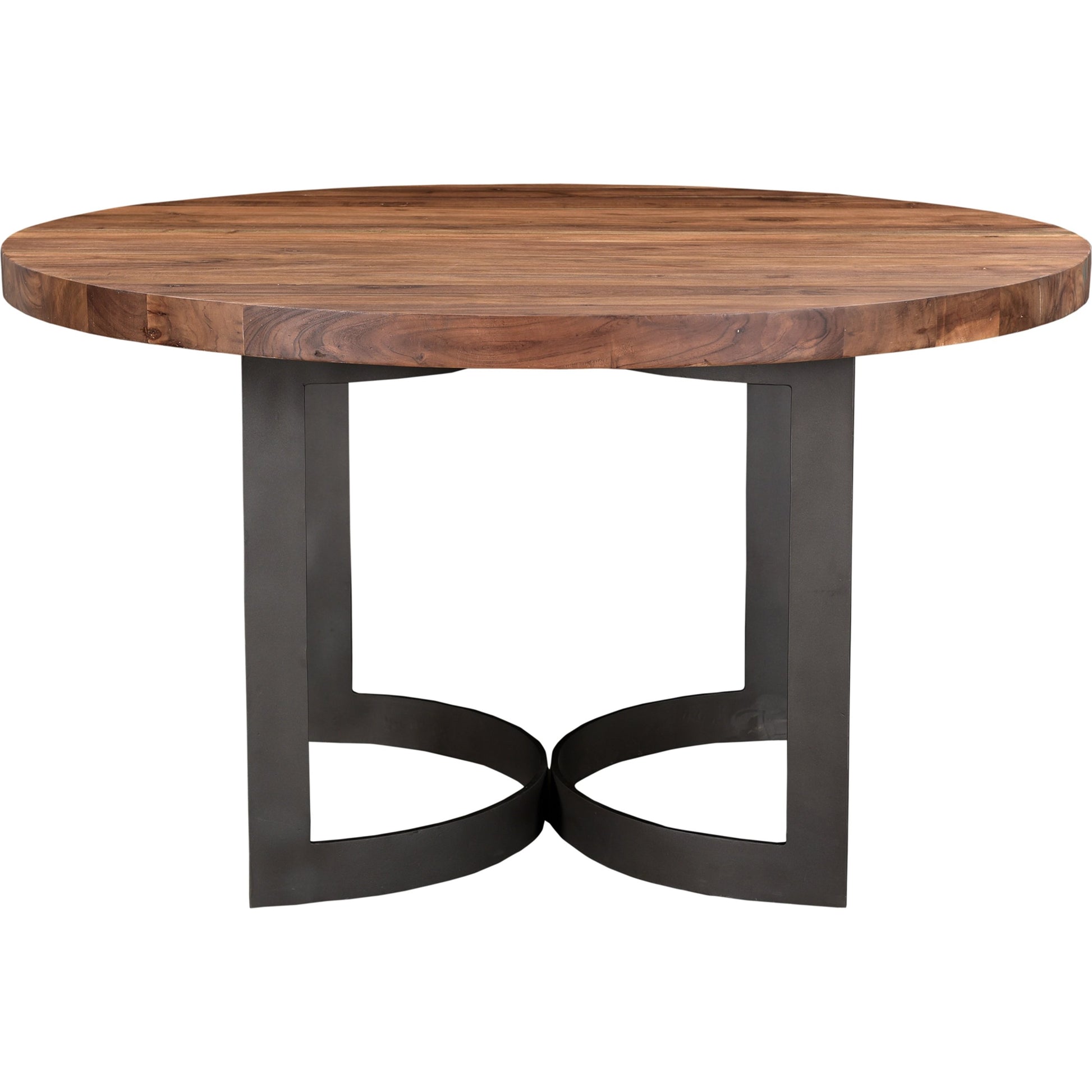 Bent Round Dining Table by Moe's Home Collection in brown. Made from solid acacia top, solid iron legs in a modern style.