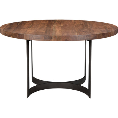 Bent Round Dining Table by Moe's Home Collection in brown. Made from solid acacia top, solid iron legs in a modern style.