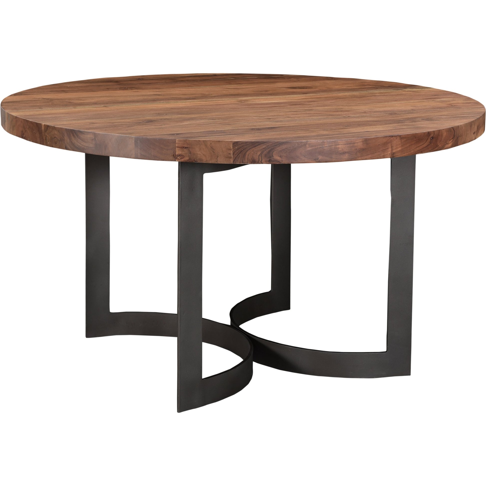 Bent Round Dining Table by Moe's Home Collection in brown. Made from solid acacia top, solid iron legs in a modern style.