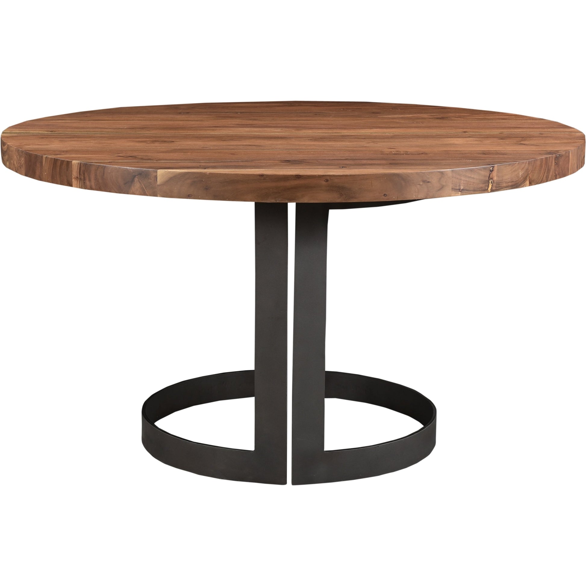 Bent Round Dining Table by Moe's Home Collection in brown. Made from solid acacia top, solid iron legs in a modern style.