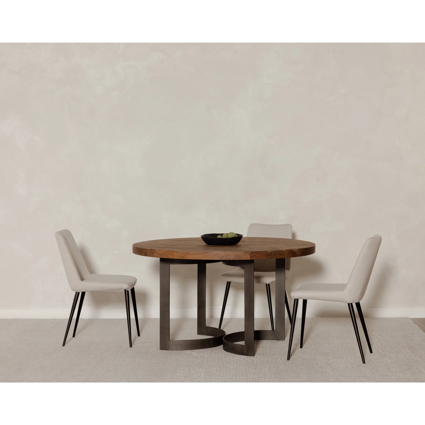 015 SI-2121877 | Lifestyle | Bent Round Dining Table by Moe's Home Collection in brown. Made from solid acacia top, solid iron legs in a modern style.