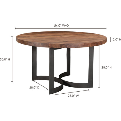 Bent Round Dining Table by Moe's Home Collection in brown. Made from solid acacia top, solid iron legs in a modern style.