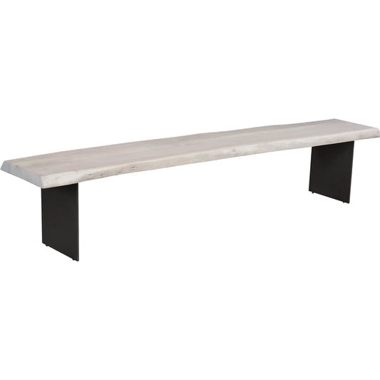 Evans Dining Bench by Moe's Home Collection in distressed whitewashed. Made from solid acacia wood, iron legs in a unique style.