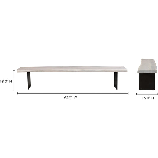 Evans Dining Bench by Moe's Home Collection in distressed whitewashed. Made from solid acacia wood, iron legs in a unique style.