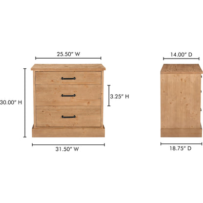 Tade 3 Drawer Nightstand by Moe's Home Collection in honey pine. Made from solid pine wood, mdf back in a unique style.