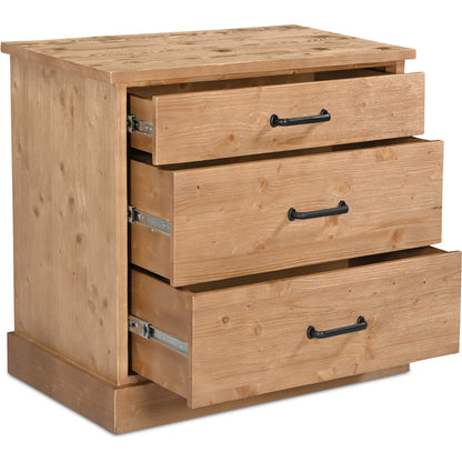 Tade 3 Drawer Nightstand by Moe's Home Collection in honey pine. Made from solid pine wood, mdf back in a unique style.