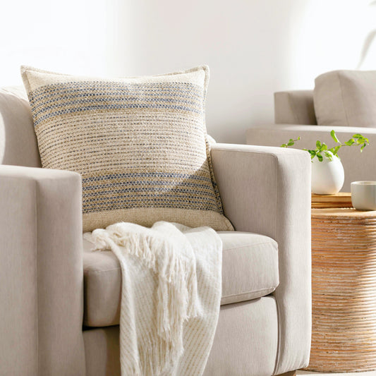 Vendela Pillow - 481606 by Surya in beige, sand, slate blue, taupe. Made from front: 56% cotton, 40% linen, 4% polyester, back: 100% cotton in a modern style.