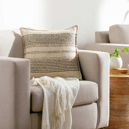 Vendela Pillow - 481611 by Surya in beige, charcoal, cream. Made from front: 56% cotton, 40% linen, 4% polyester, back: 100% cotton in a modern style.