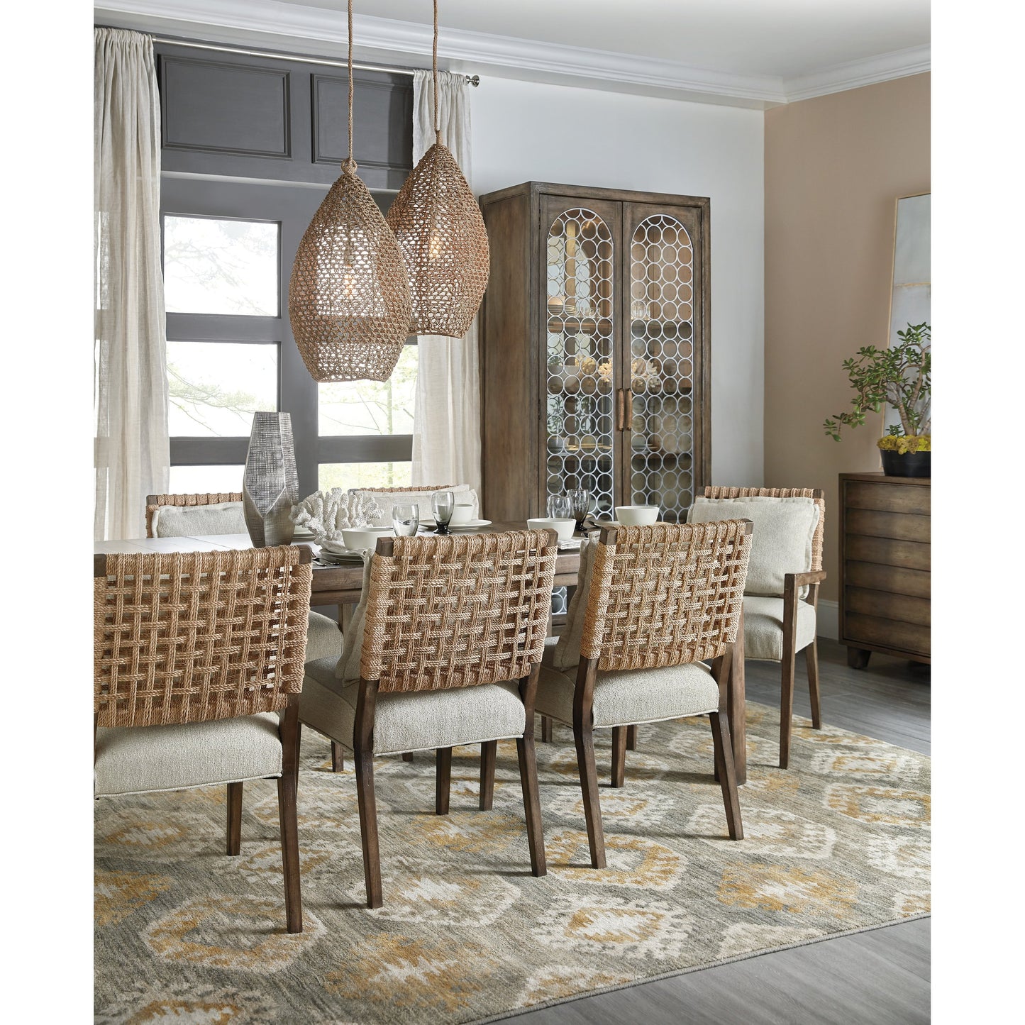 003 SI-1749826 | Lifestyle | Sundance Woven Back Side Chair (Set of 2) by Hooker Furniture in beige and cliffside, zuri cream. Made from fabric, foam, rope in a coastal style.