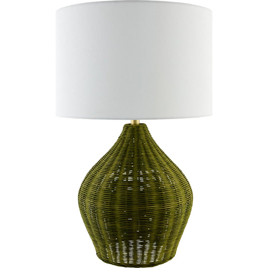 Velles Accent Table Lamp by Surya in dark green and hand painted. Made from rattan, linen, polyester, iron in a unique style.