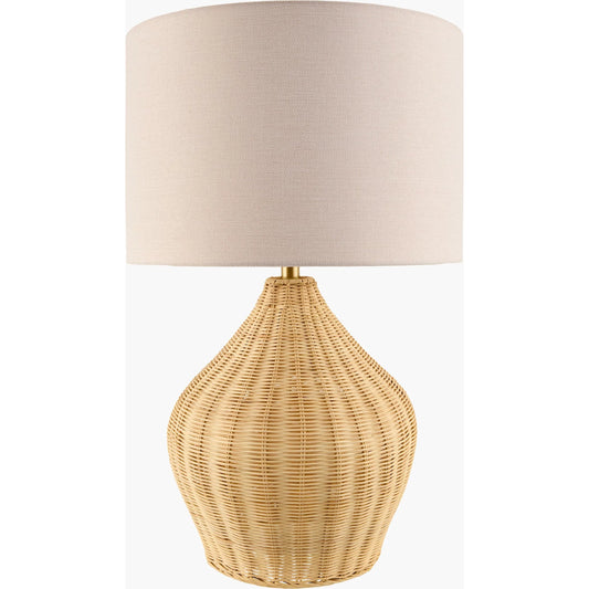 Velles Accent Table Lamp by Surya. Made from rattan, linen, polyester, iron in a rustic style.