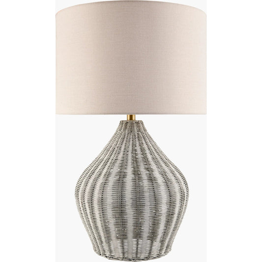 Velles Accent Table Lamp by Surya. Made from rattan, linen, polyester, iron in a rustic style.