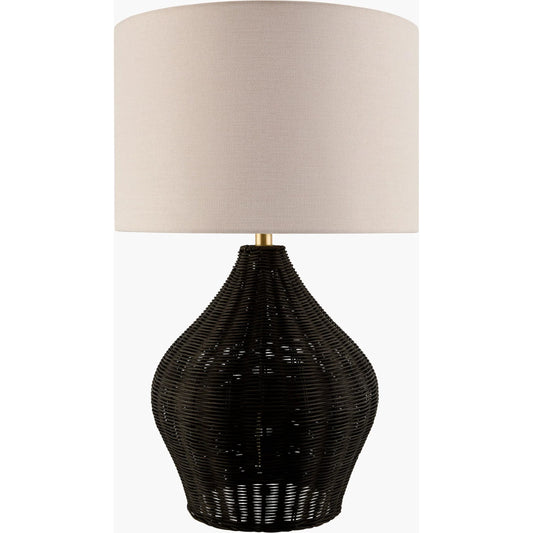 Velles Accent Table Lamp by Surya. Made from rattan, linen, polyester, iron in a rustic style.
