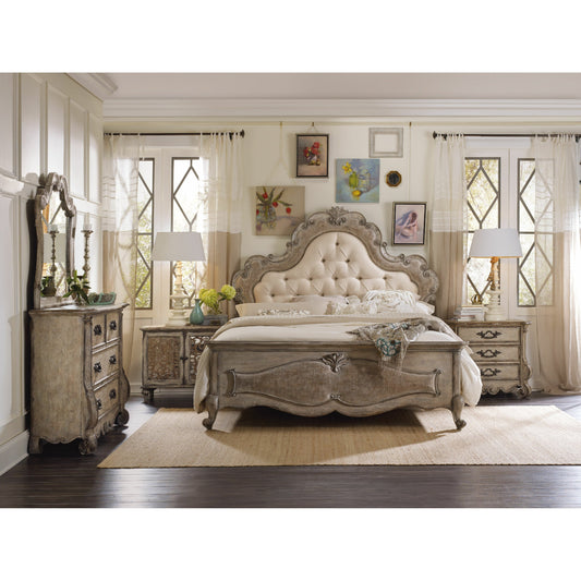 Chatelet Upholstered Headboard by Hooker Furniture in beige and antique linen, turtle dove. Made from hardwoods, resin, fabric in a traditional style.
