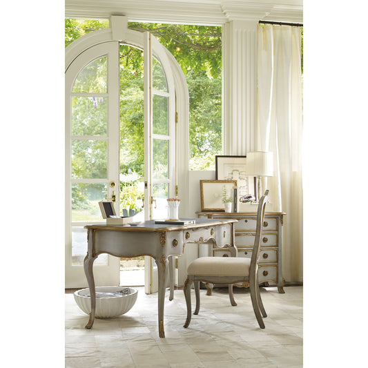 Romantic Victorian Writing Desk by Hooker Furniture in gray. Made from hardwoods in a traditional style.