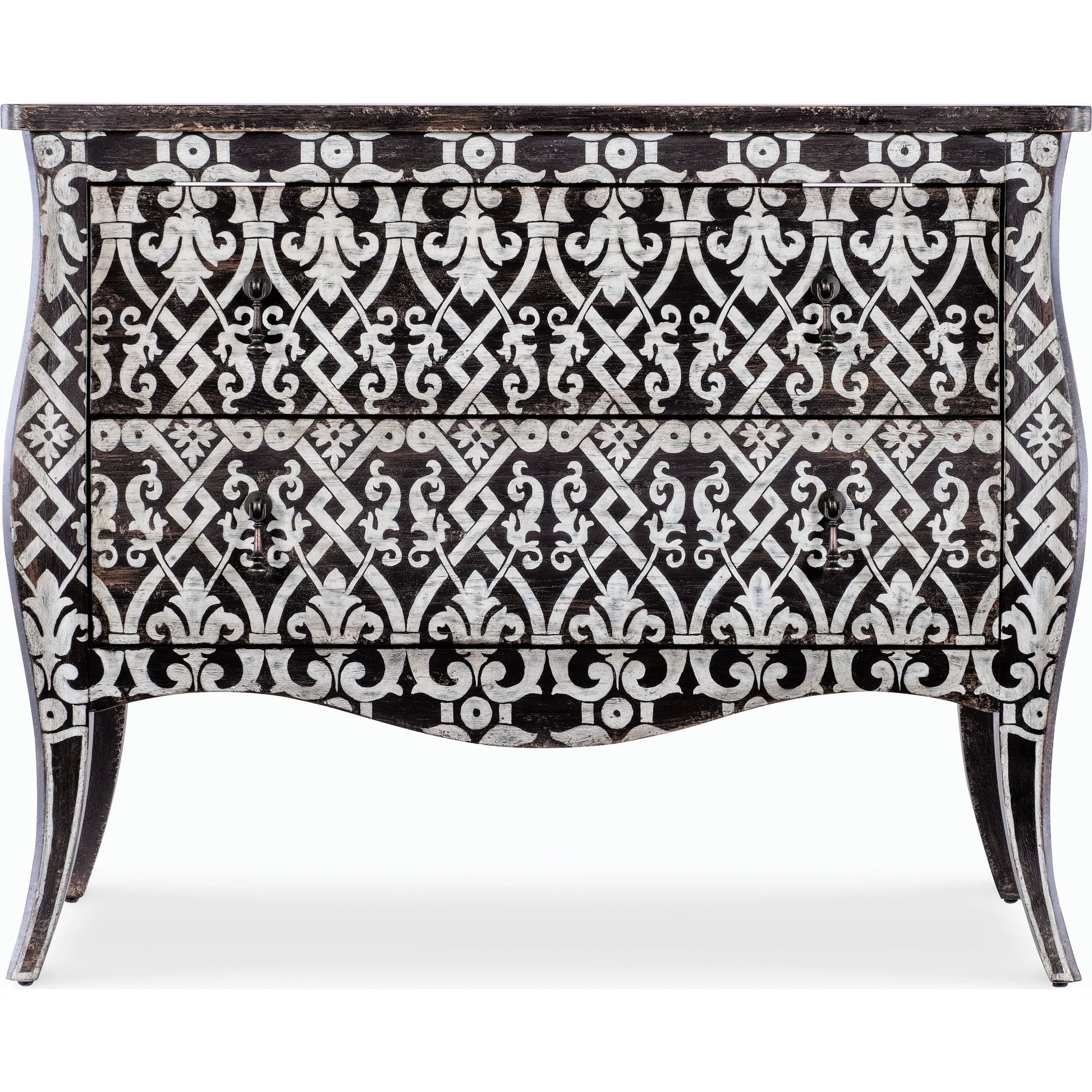 Americana Two-Drawer Bombay Accent Chest by Hooker Furniture in black and molasses finish. Made from oak veneers in a cottage & farmhouse style.