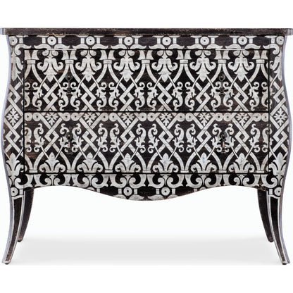 Americana Two-Drawer Bombay Accent Chest by Hooker Furniture in black and molasses finish. Made from oak veneers in a cottage & farmhouse style.