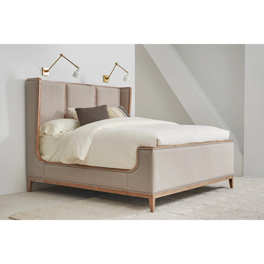 Passage Upholstered Bed by A.R.T. Furniture in beige and natural oak. Made from ash solids, knotty oak veneers, foam, fabric, metal in a modern style.