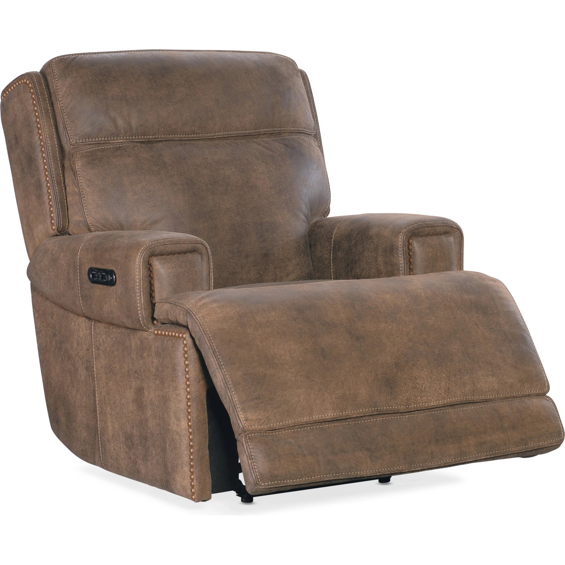 Wheeler Power Recliner by Hooker Furniture in seville timber. Made from leather, seville timber (aniline). seville timber features natural hallmarks of the trail such as fat wrinkles healed scars, scratches, mite marks. w