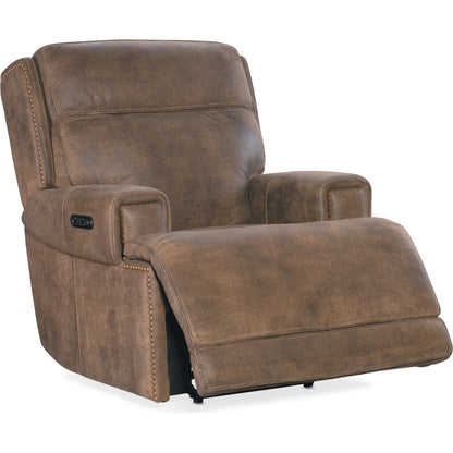 Wheeler Power Recliner by Hooker Furniture in seville timber. Made from leather, seville timber (aniline). seville timber features natural hallmarks of the trail such as fat wrinkles healed scars, scratches, mite marks. w
