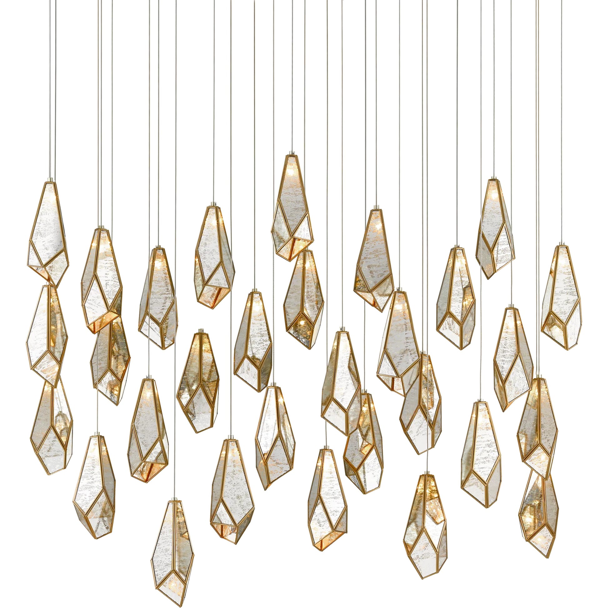 Glace Linear Pendant by Currey and Company in painted silver, antique brass. Made from brass in a modern style.