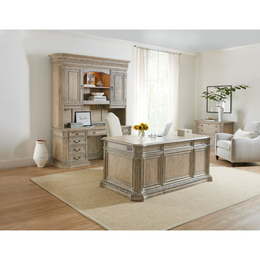 Castella Executive Desk by Hooker Furniture in antique slate. Made from pecan, quartered hickory, quartered black walnut, quartered ash, maple veneers with leather in a traditional style.