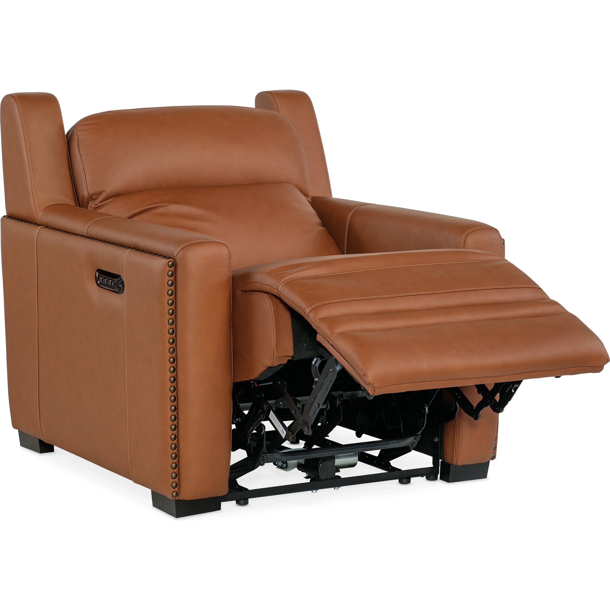 McKinley Power Recliner by Hooker Furniture in candid spice and dark wood. Made from leather in a traditional style.