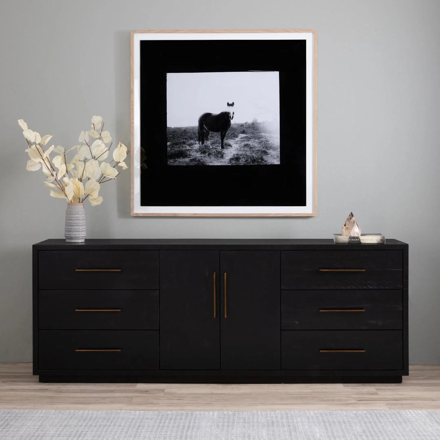 014 S-279530 | Lifestyle | Suki Large Media Console by Four Hands in burnished black. Made from resawn mixed wood, mixed wood solid in a modern style.