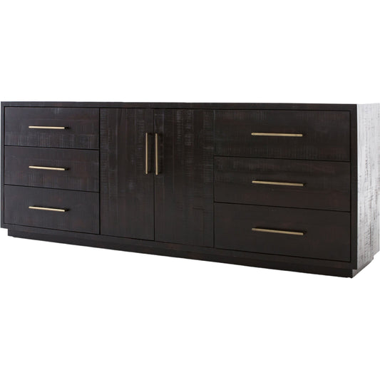 Suki Large Media Console by Four Hands in burnished black. Made from resawn mixed wood, mixed wood solid in a modern style.