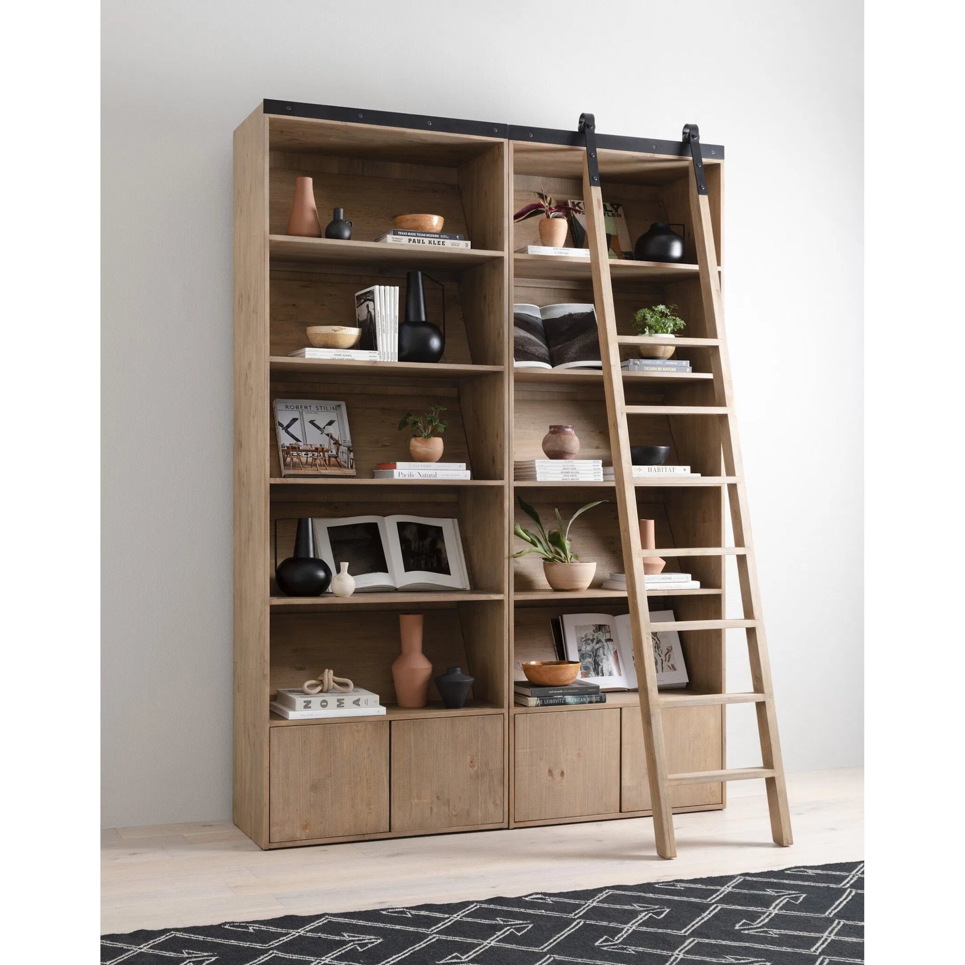 Bane Bookshelf by Four Hands in smoked pine, black iron. Made from solid pine, iron in a modern style.