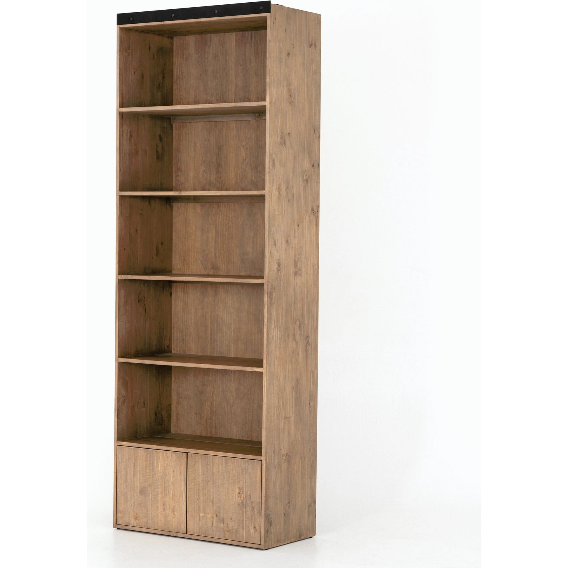 Bane Bookshelf by Four Hands in smoked pine, black iron. Made from solid pine, iron in a modern style.