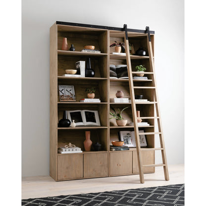 Bane Bookshelf by Four Hands in smoked pine, black iron. Made from solid pine, iron in a modern style.