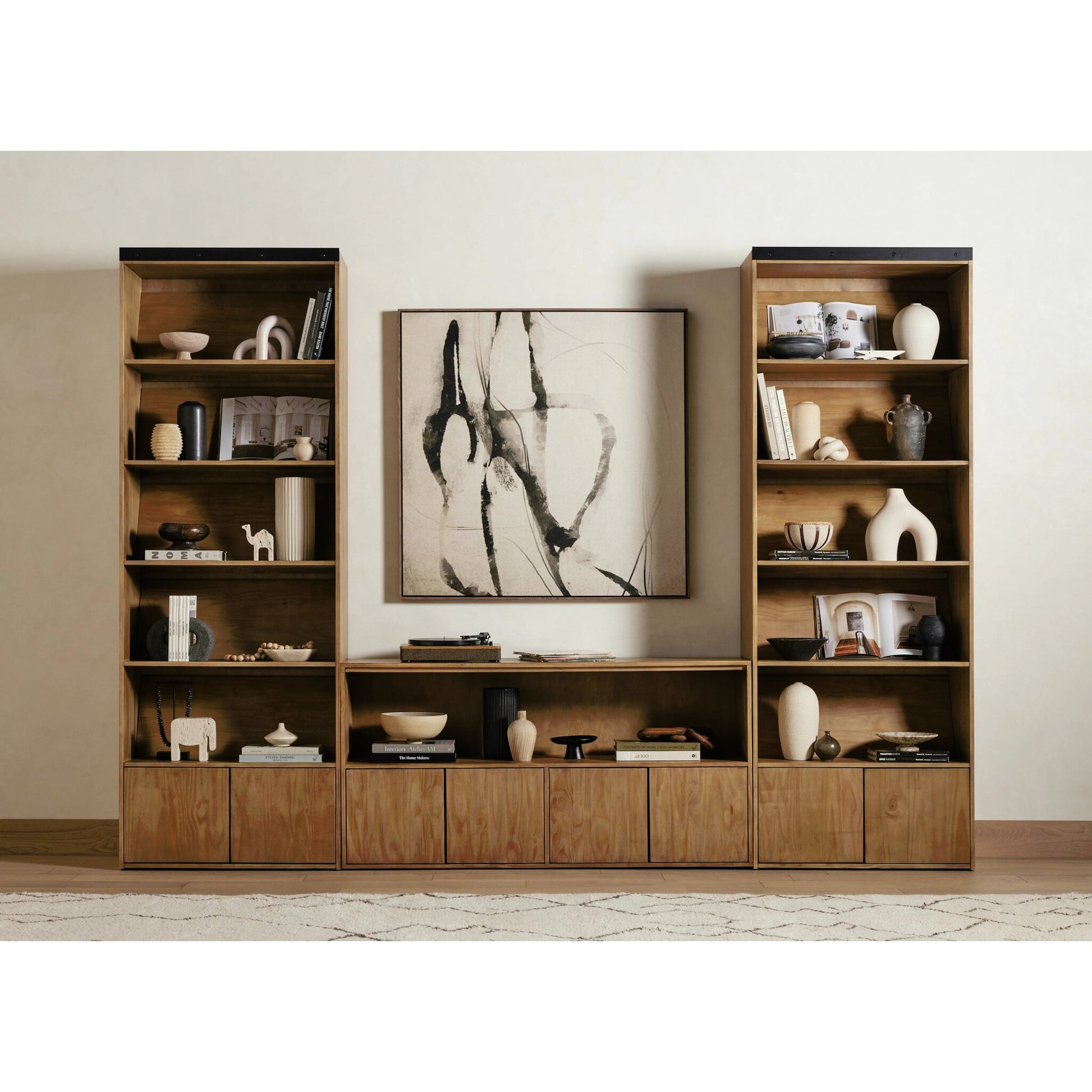 Bane Bookshelf by Four Hands in smoked pine, black iron. Made from solid pine, iron in a modern style.