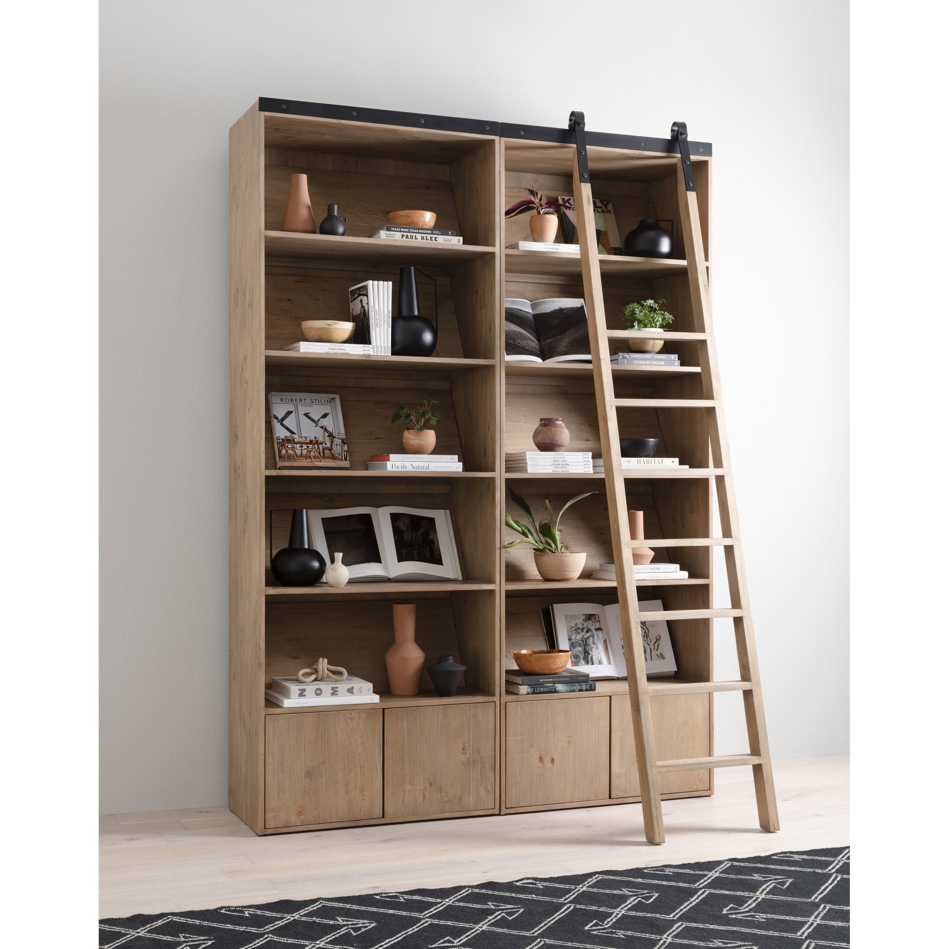 Bane Bookshelf by Four Hands in smoked pine, black iron. Made from solid pine, iron in a modern style.
