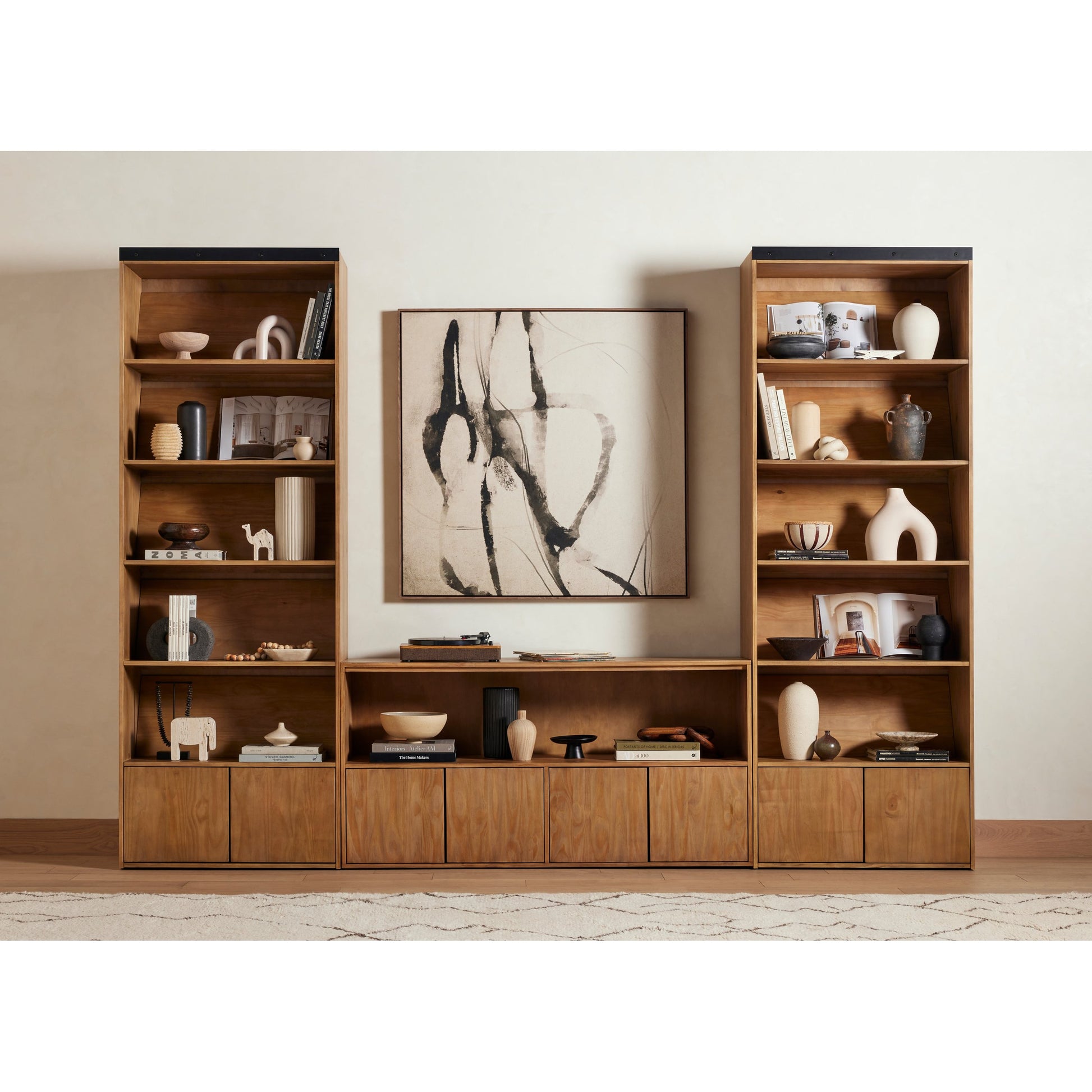 Bane Bookshelf by Four Hands in smoked pine, black iron. Made from solid pine, iron in a modern style.