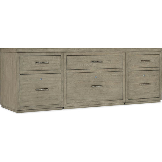 Linville Falls Credenza with 2 Small Files and Lateral File by Hooker Furniture in mink, antique pewter. Made from oak veneers in a modern style.