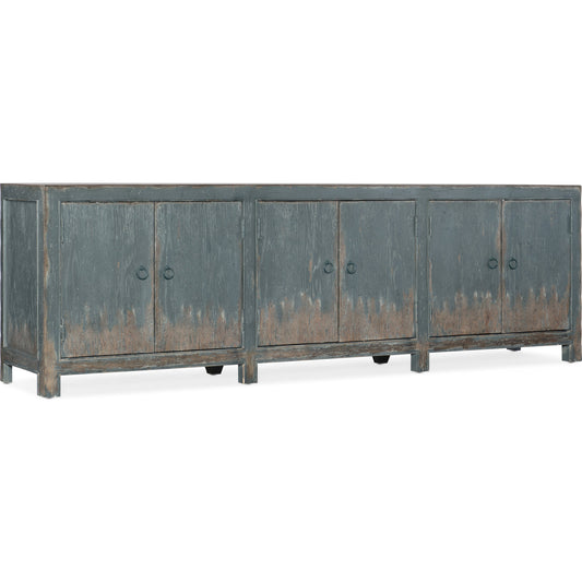 Salvator Media Console by Hooker Furniture in antique blue. Made from maple veneers in a eclectic & global style.