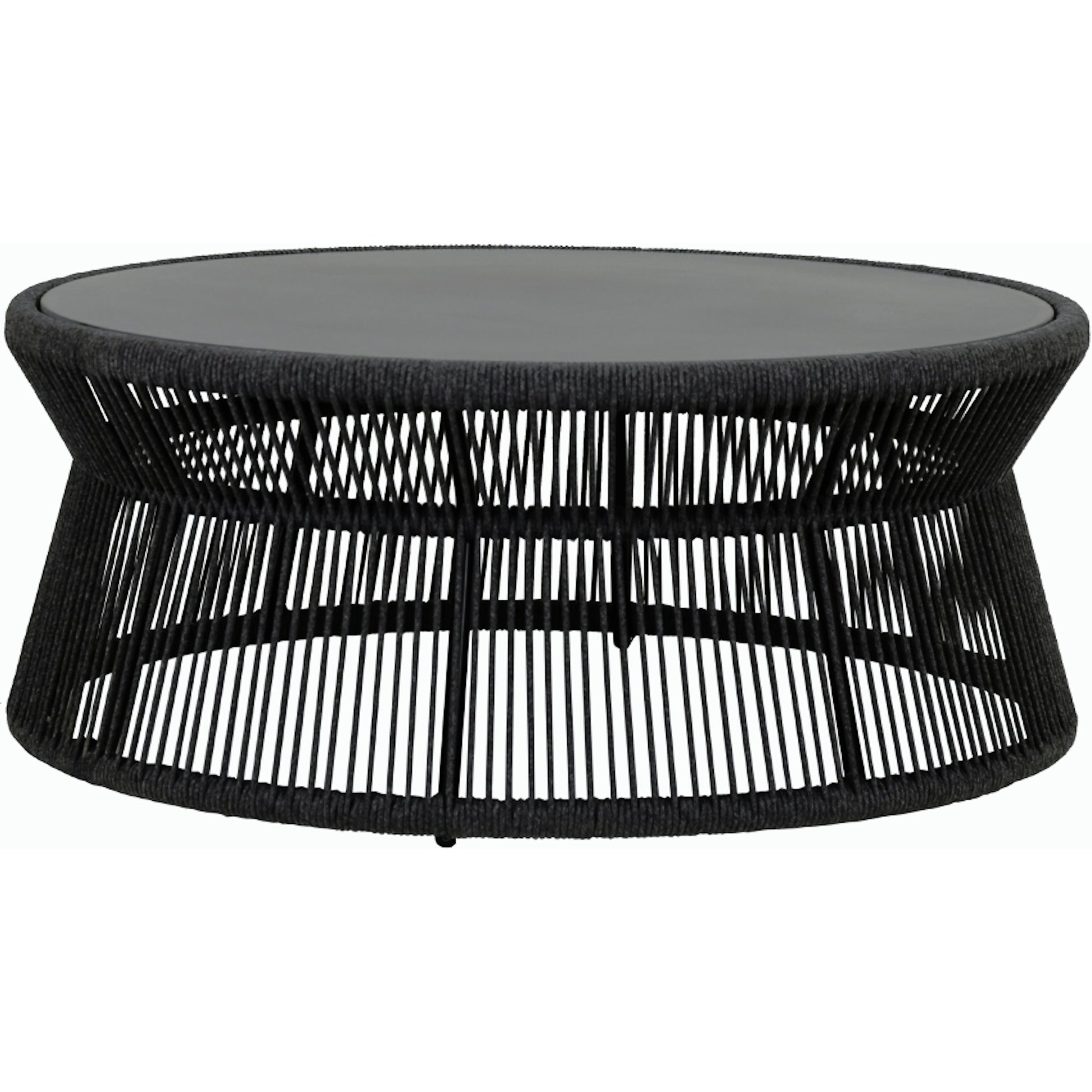 Milano Outdoor 40" Round Coffee Table by Sunset West in slate. Made from olefin rope in a coastal style.