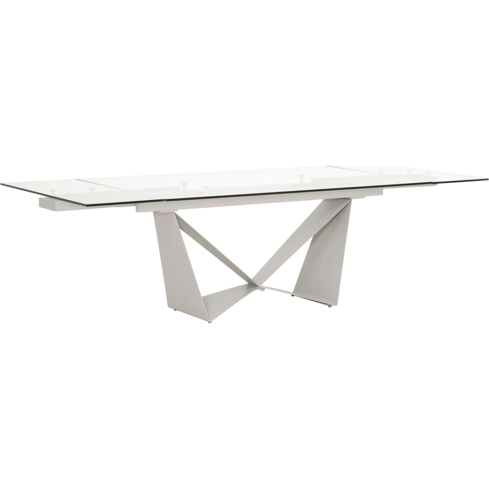 Vida Dining Table by Essentials For Living in matte light gray, clear glass. Made from painted a3 steel, tempered glass in a modern style.